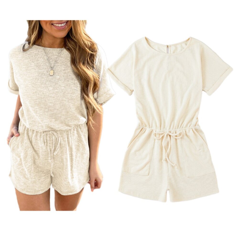 🤎 Beige Ribbed Elastic Waist Romper – Sizes M, L, XL
